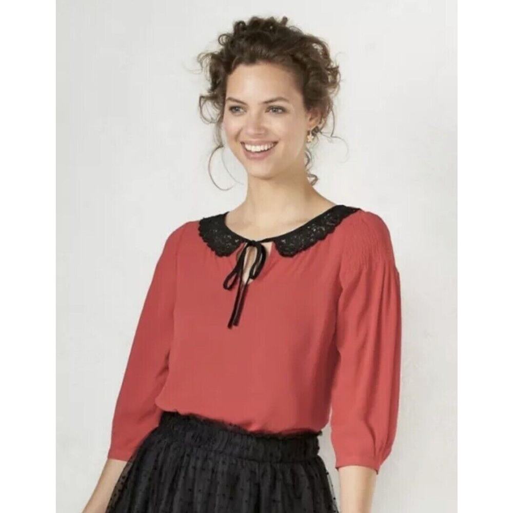Disney Collection LC Lauren Conrad Womens Blouse Size S Red Cottagecore Office